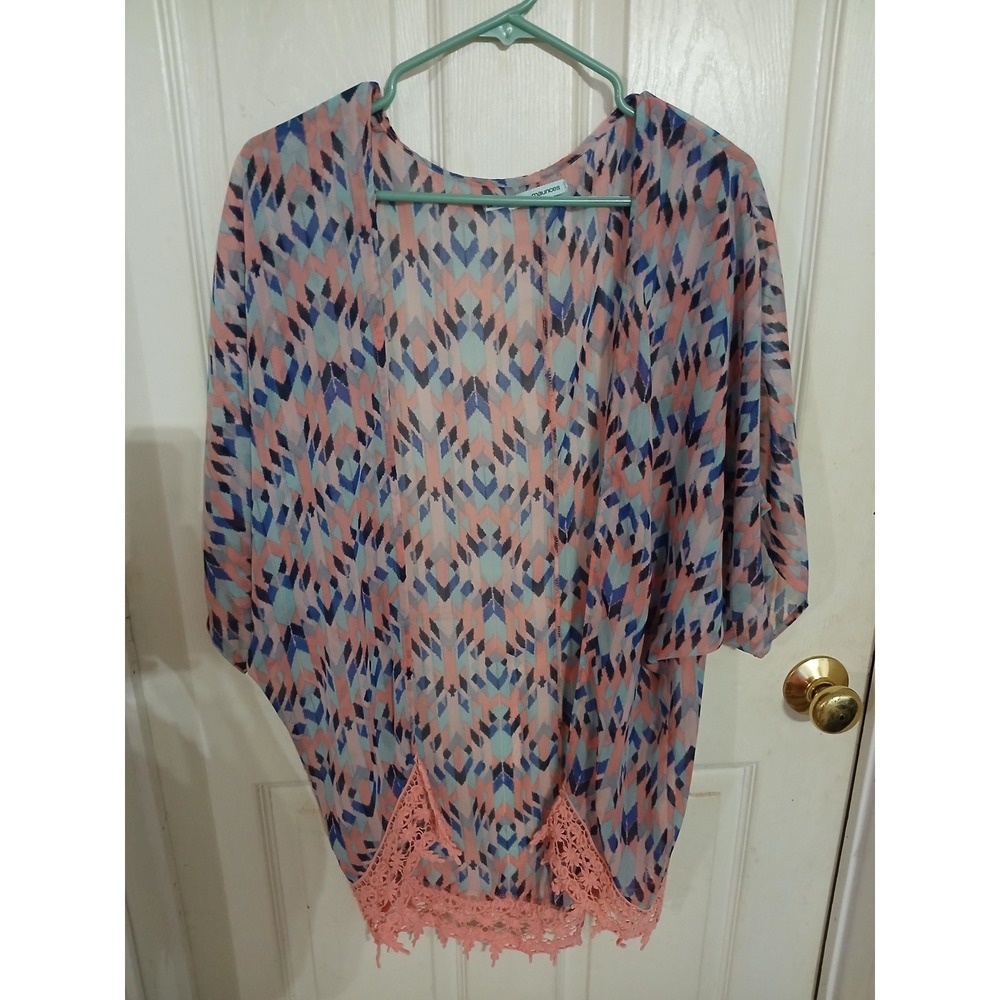 Maurice's Kimono Top S/M Peach Blue Open Front Bohemian Cover Up